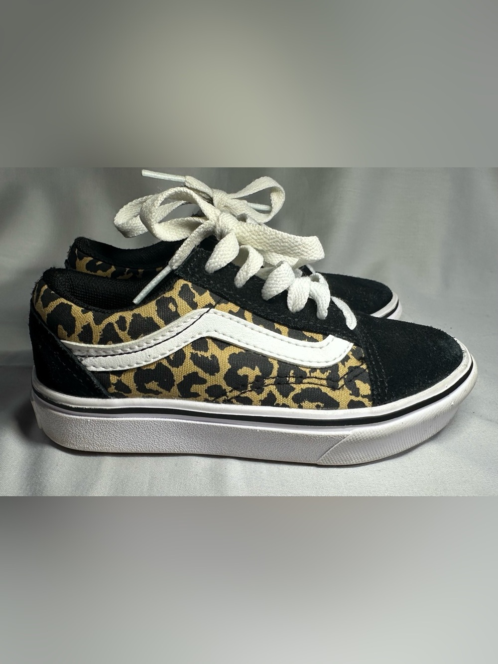 Vans Kids Black and Leopard Print Old Skool Sneakers Size 11